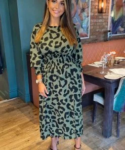 AX Paris Khaki Printed Elasticated Waist Midi Dress