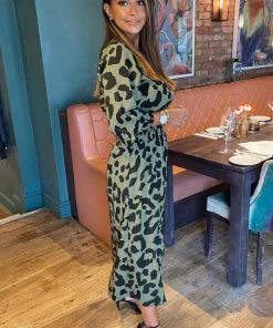 AX Paris Khaki Printed Elasticated Waist Midi Dress