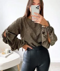 AX Paris Tops Khaki Printed Gathered Split Sleeve Blouse