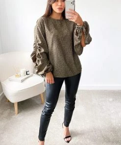 AX Paris Tops Khaki Printed Gathered Split Sleeve Blouse