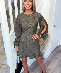 AX Paris Dresses Khaki Printed Gathered Split Sleeve Skater Dress