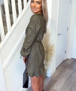 AX Paris Dresses Khaki Printed Gathered Split Sleeve Skater Dress