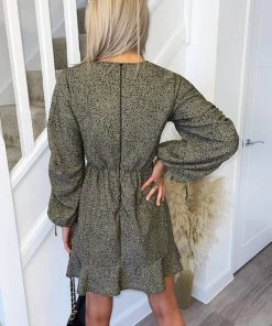 AX Paris Dresses Khaki Printed Gathered Split Sleeve Skater Dress