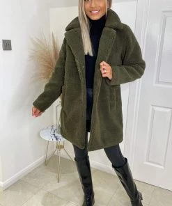 AX Paris Khaki Teddy Faux Fur Coat With Collar