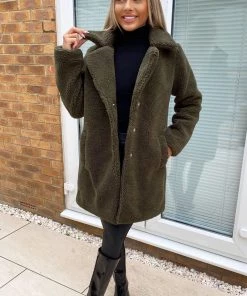 AX Paris Khaki Teddy Faux Fur Coat With Collar