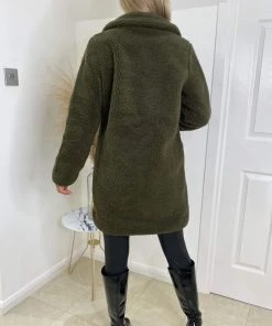 AX Paris Khaki Teddy Faux Fur Coat With Collar