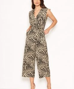 AX Paris Khaki Wrap Front Animal Print Jumpsuit