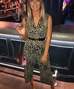 AX Paris Khaki Wrap Front Animal Print Jumpsuit