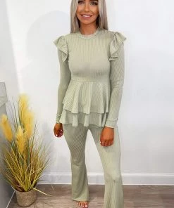 AX Paris Light Khaki Ribbed Frilled Hem Lounge Suit Loungewear