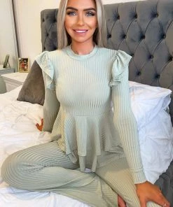 AX Paris Light Khaki Ribbed Frilled Hem Lounge Suit Loungewear