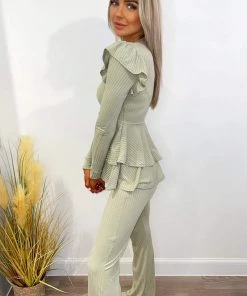 AX Paris Light Khaki Ribbed Frilled Hem Lounge Suit Loungewear