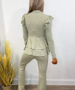 AX Paris Light Khaki Ribbed Frilled Hem Lounge Suit Loungewear