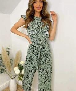 AX Paris Mint Animal Print Frill Front Tie Jumpsuit Jumpsuits And Playsuits