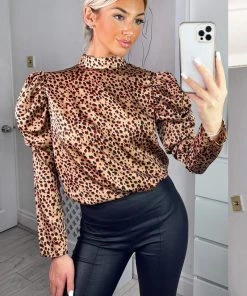 AX Paris Multi Animal Print High Neck Puff Sleeve Blouse Tops