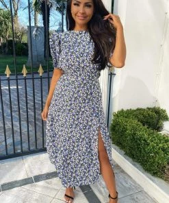 AX Paris Dresses Multi Floral Pleated Sleeve Midi Dress