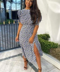 AX Paris Dresses Multi Floral Pleated Sleeve Midi Dress