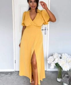 AX Paris Dresses Mustard Gathered Waist Midi Dress 10 AX Paris Dresses Mustard Gathered Waist Midi Dress
