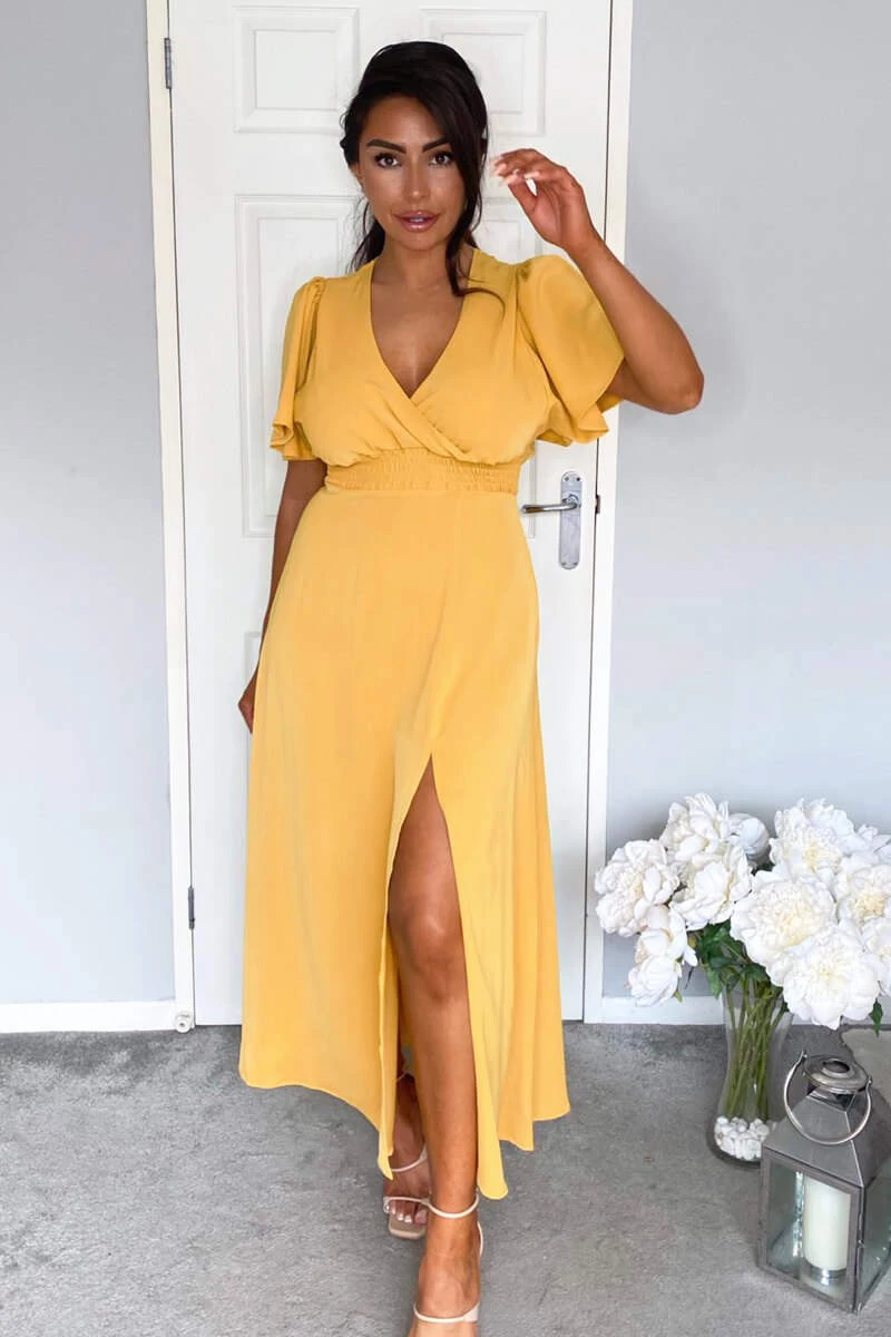 AX Paris Dresses Mustard Gathered Waist Midi Dress 4 AX Paris Dresses Mustard Gathered Waist Midi Dress