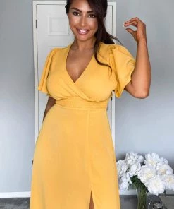 AX Paris Dresses Mustard Gathered Waist Midi Dress 12 AX Paris Dresses Mustard Gathered Waist Midi Dress