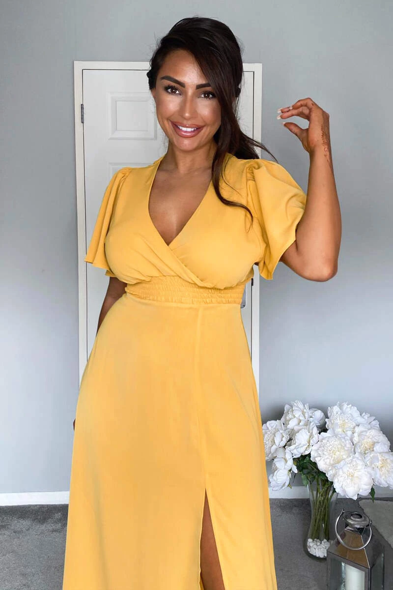 AX Paris Dresses Mustard Gathered Waist Midi Dress 6 AX Paris Dresses Mustard Gathered Waist Midi Dress