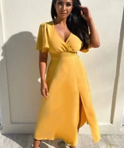 AX Paris Dresses Mustard Gathered Waist Midi Dress