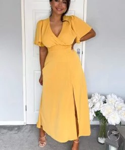 AX Paris Dresses Mustard Gathered Waist Midi Dress 9 AX Paris Dresses Mustard Gathered Waist Midi Dress