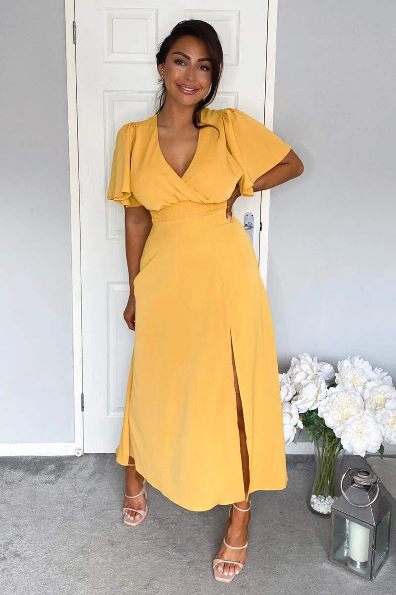 AX Paris Dresses Mustard Gathered Waist Midi Dress 3 AX Paris Dresses Mustard Gathered Waist Midi Dress