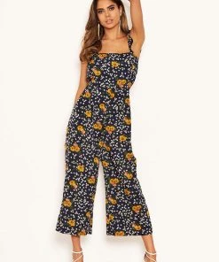 AX Paris Navy Mixed Floral Frill Sleeve Jumpsuit Jumpsuits And Playsuits 8 AX Paris Navy Mixed Floral Frill Sleeve Jumpsuit Jumpsuits And Playsuits