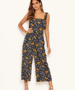 AX Paris Navy Mixed Floral Frill Sleeve Jumpsuit Jumpsuits And Playsuits