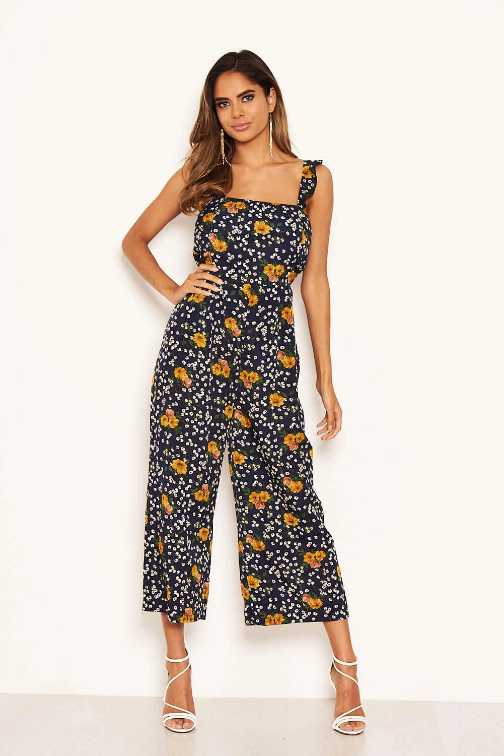 AX Paris Navy Mixed Floral Frill Sleeve Jumpsuit Jumpsuits And Playsuits 2 AX Paris Navy Mixed Floral Frill Sleeve Jumpsuit Jumpsuits And Playsuits