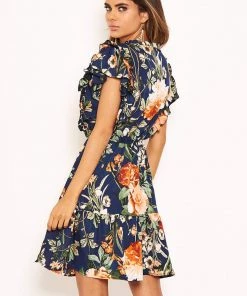 AX Paris Dresses Navy Floral Frill Skater Dress