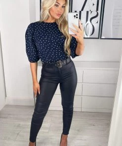 AX Paris Tops Navy Ditsy Daisy Print Puff Sleeve Blouse