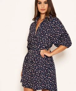 AX Paris Dresses Navy Ditsy Floral Tie Waist Shirt Dress