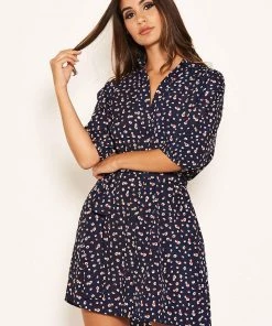 AX Paris Dresses Navy Ditsy Floral Tie Waist Shirt Dress 12 AX Paris Dresses Navy Ditsy Floral Tie Waist Shirt Dress