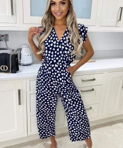 AX Paris Navy Heart Print Culotte Jumpsuit