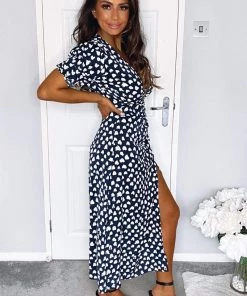 AX Paris Navy Heart Print Short Sleeve Midi Dress