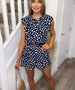 AX Paris Jumpsuits And Playsuits Navy Heart Printed Padded Shoulder Playsuit