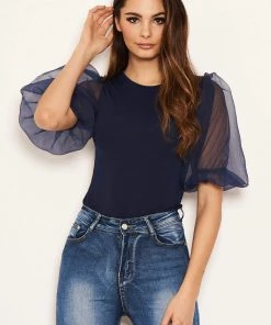 AX Paris Navy Puff Sleeve Bodysuit Tops