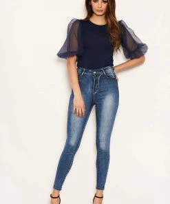 AX Paris Navy Puff Sleeve Bodysuit Tops