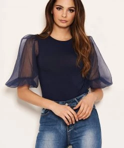AX Paris Navy Puff Sleeve Bodysuit Tops