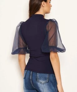 AX Paris Navy Puff Sleeve Knitted Top Tops