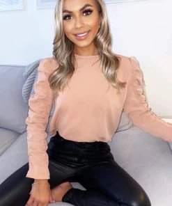 AX Paris Nude Ruched Sleeve Top