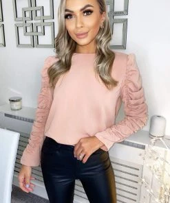 AX Paris Nude Ruched Sleeve Top