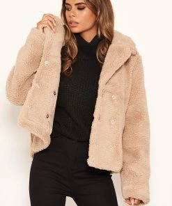 AX Paris Oatmeal Teddy Faux Fur Short Coat