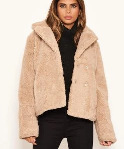 AX Paris Oatmeal Teddy Faux Fur Short Coat