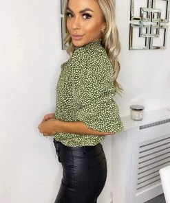 AX Paris Olive Ditsy Leaf Print Elasticated Neck Top Tops