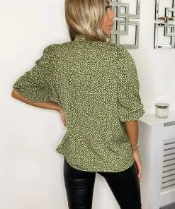 AX Paris Olive Ditsy Leaf Print Elasticated Neck Top Tops
