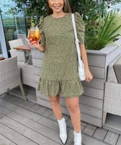 AX Paris Olive Ditsy Leaf Print Shift Dress Dresses