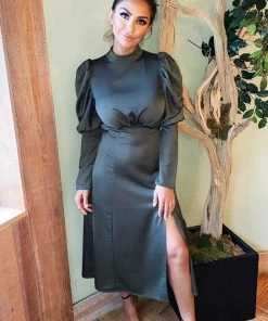 AX Paris Olive Gathered High Neck Split Midi Dress