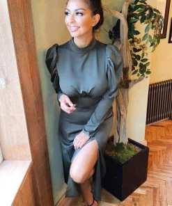 AX Paris Olive Gathered High Neck Split Midi Dress